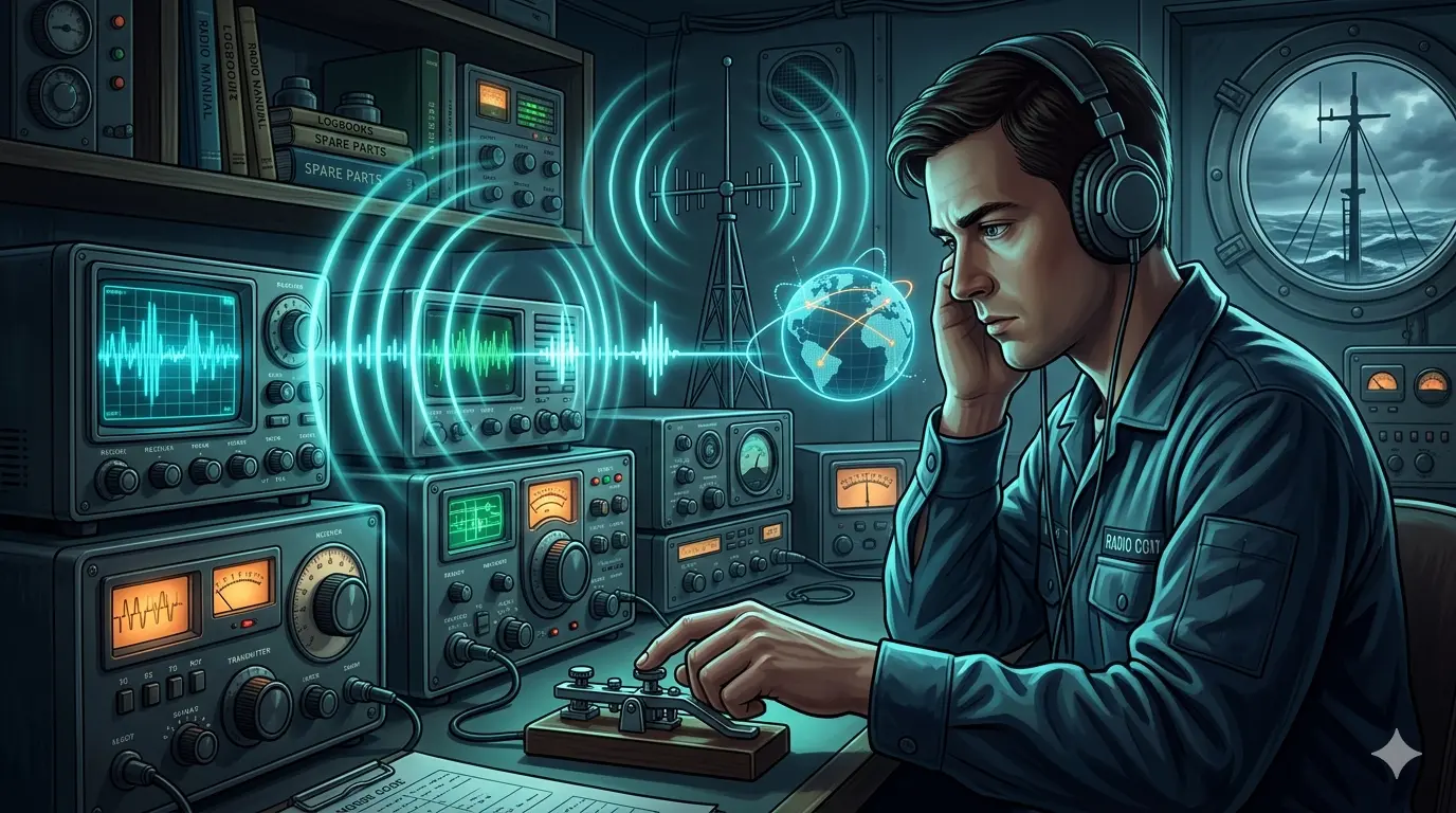 Radio operator using Morse code communication equipment in real world emergency or aviation system