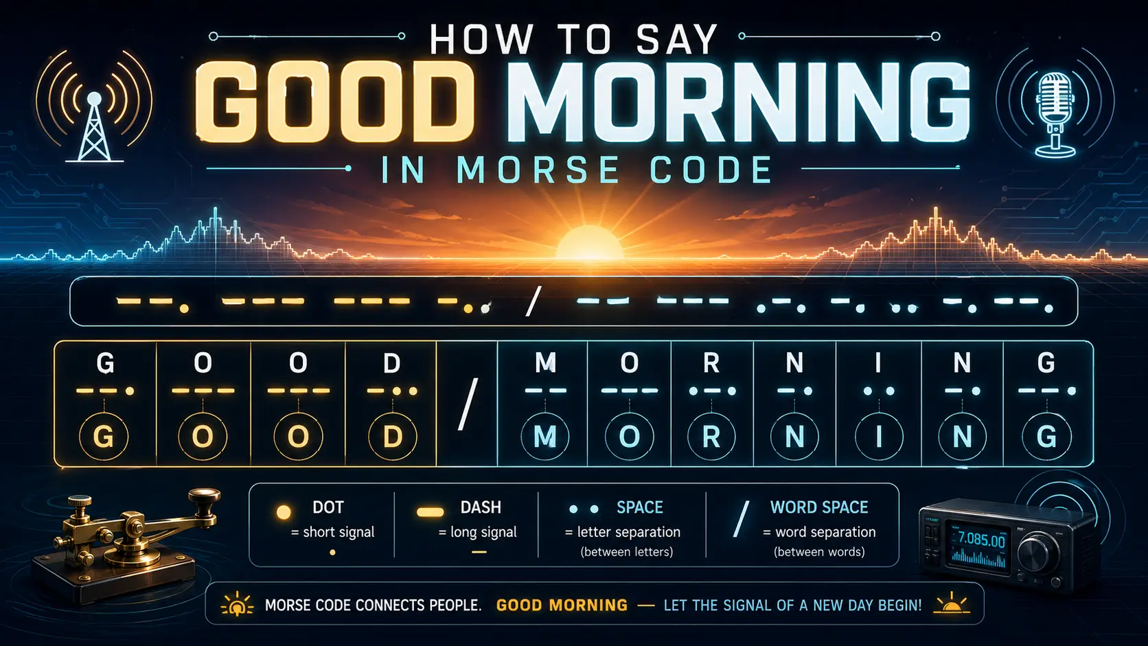 Good Morning written in Morse Code shown as dots and dashes for each letter in a simple educational guide.