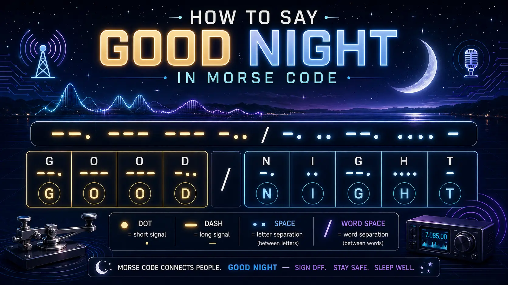 Good Night written in Morse Code as --. --- --- -.. -. .. --. .... -, representing a calm and creative way to say good night using dots and dashes.