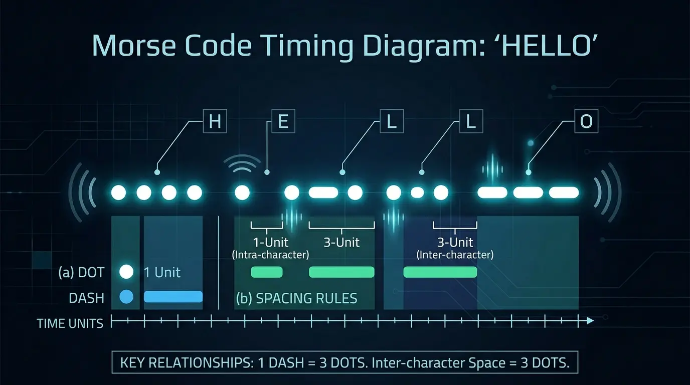 Audio waveform representation of Morse code signals showing rhythmic patterns of dits and dahs used in sound-based learning
