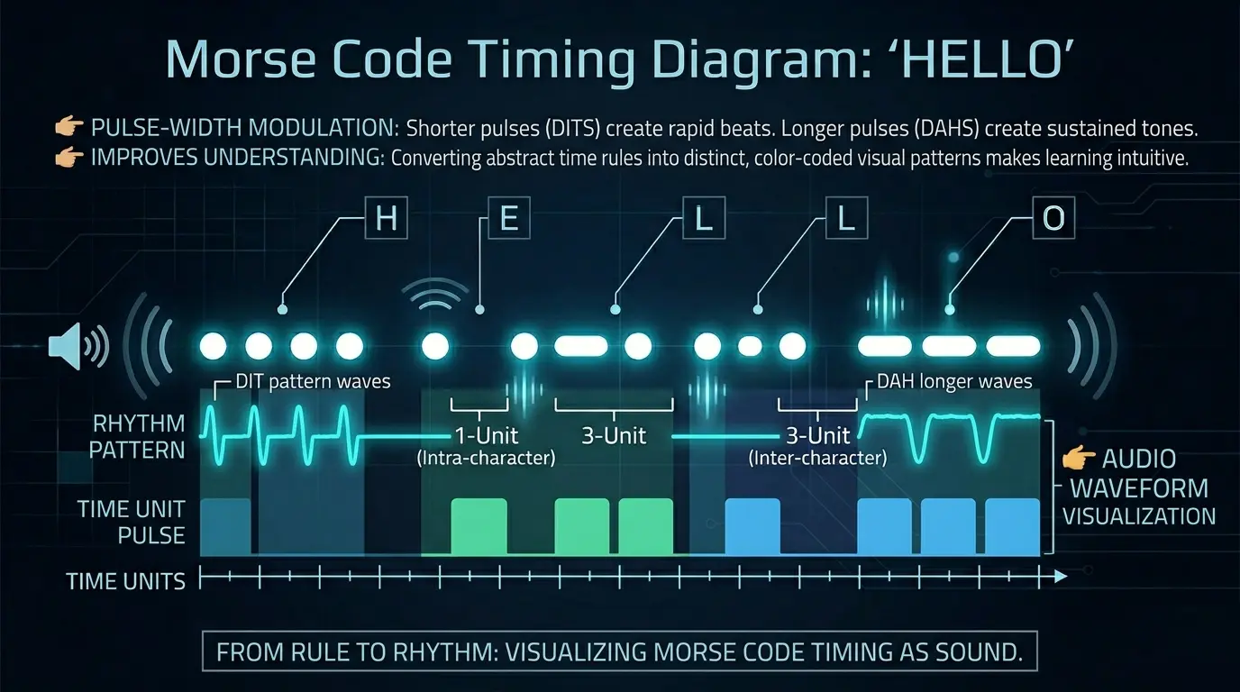 Morse code timing diagram illustrating dot as a short signal and dash as a long signal used in Morse communication patterns