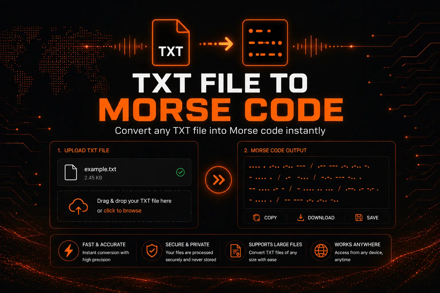 Text file to Morse code converter tool interface showing uploaded document being converted into Morse code signals for instant digital encoding and text transformation