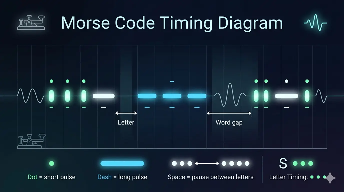 Yes in Morse code breakdown showing Y E S converted into Morse code symbols