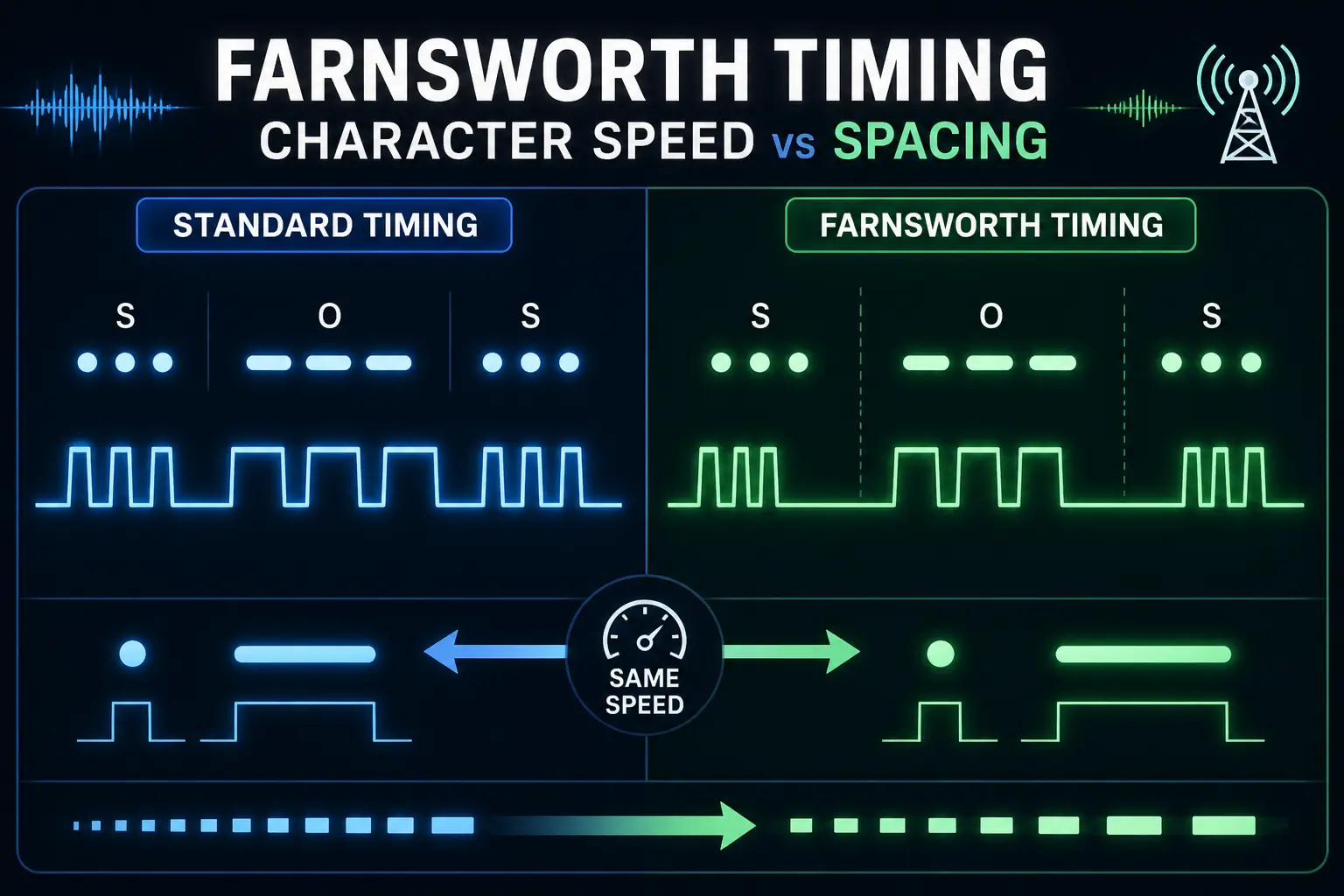 farnsworth timing showing that character speed stays the same while spacing between letters increases