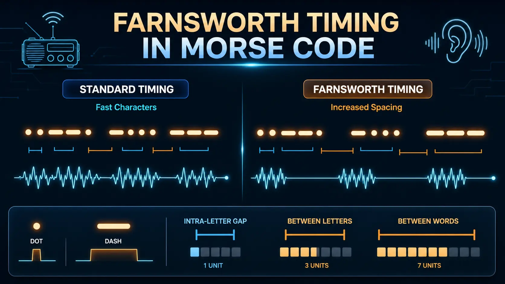 farnsworth timing morse code diagram showing normal character speed with increased spacing between letters and words for learning