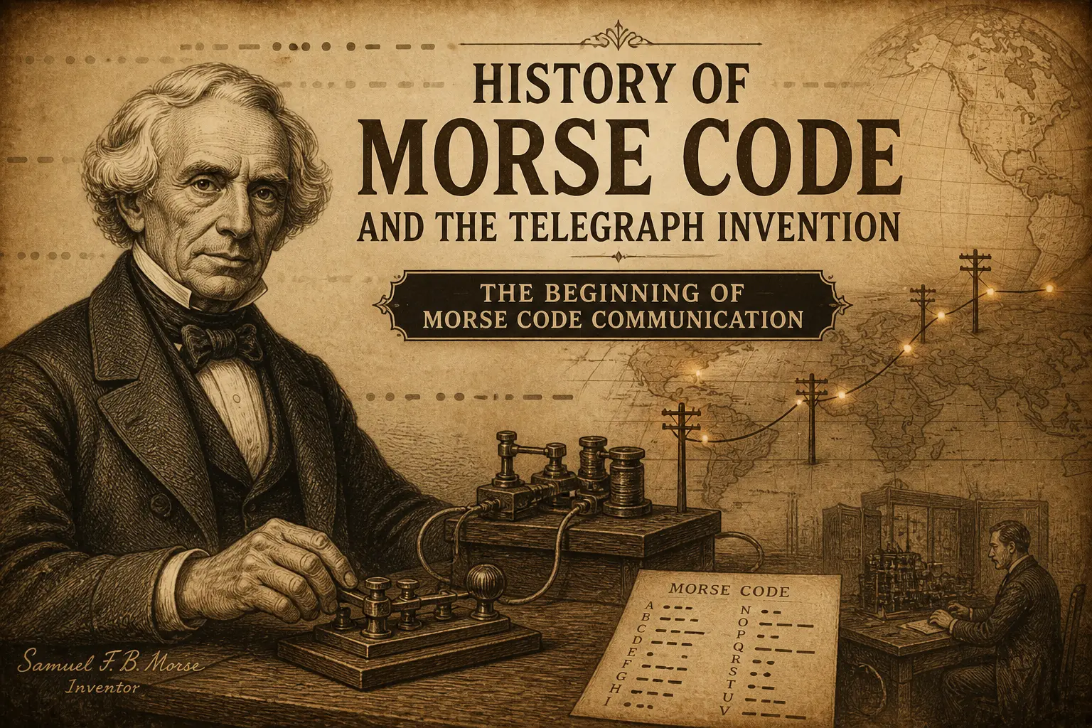 Historical illustration of Samuel Morse operating a telegraph machine sending Morse code signals