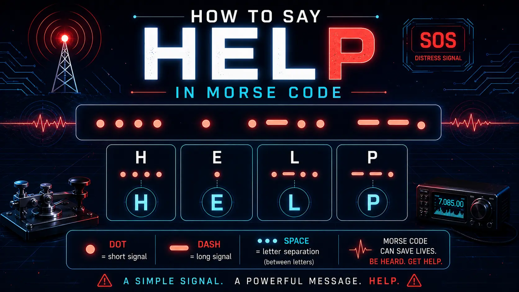 Morse code showing HELP written as .... . .-.. .--. used for emergency communication and distress signaling