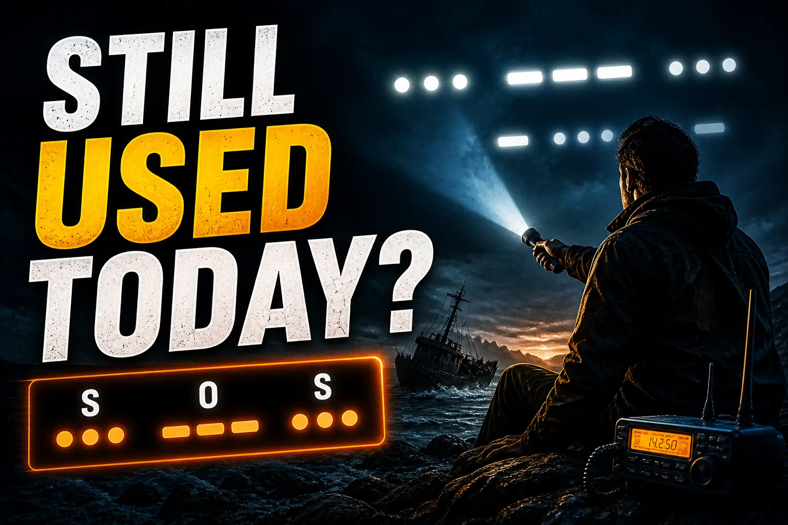 Person sending Morse code SOS using flashlight in dark environment representing emergency communication