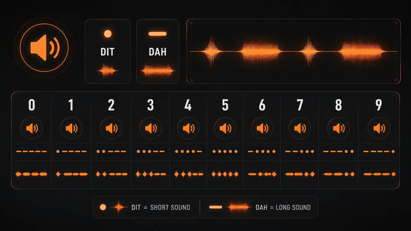 Audio rhythm guide showing dit and dah sound patterns for Morse code numbers