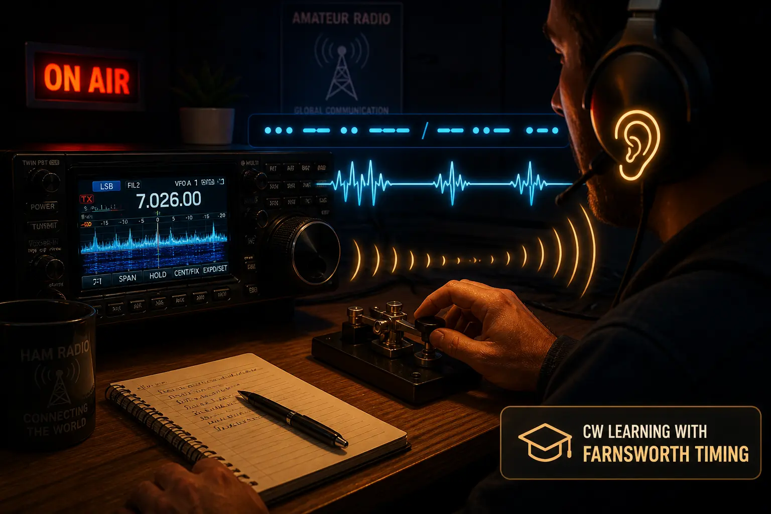 amateur radio operator practicing morse code cw communication using farnsworth timing for training and listening practice