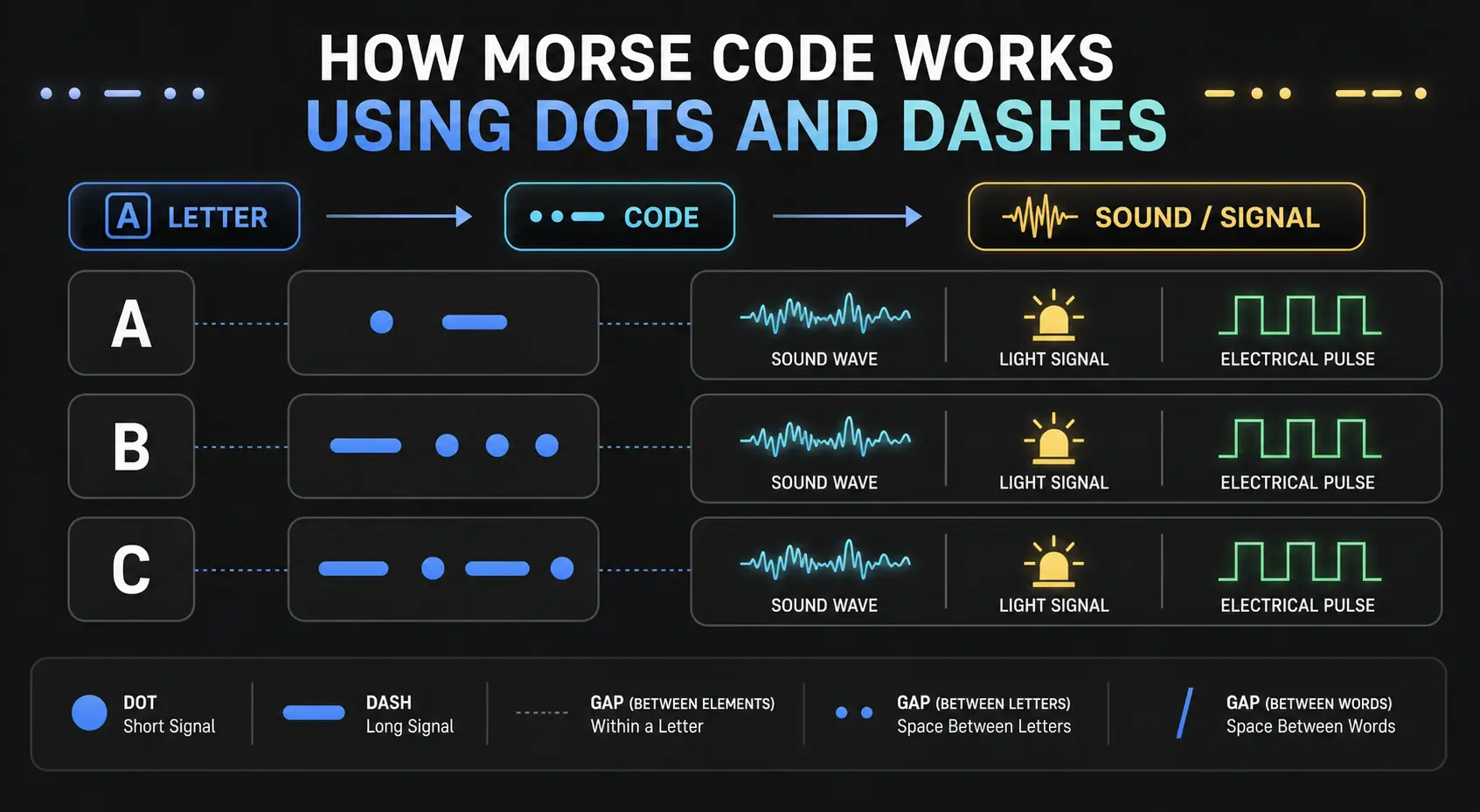 Simple diagram showing Morse code letters represented using dots and dashes