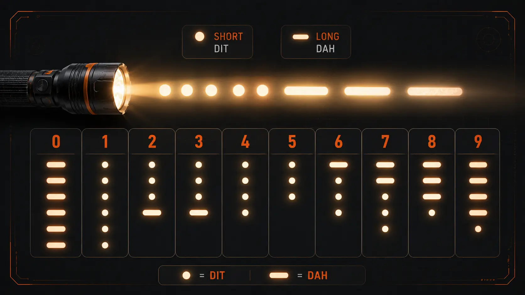 Flashlight signaling Morse code numbers using short and long light flashes