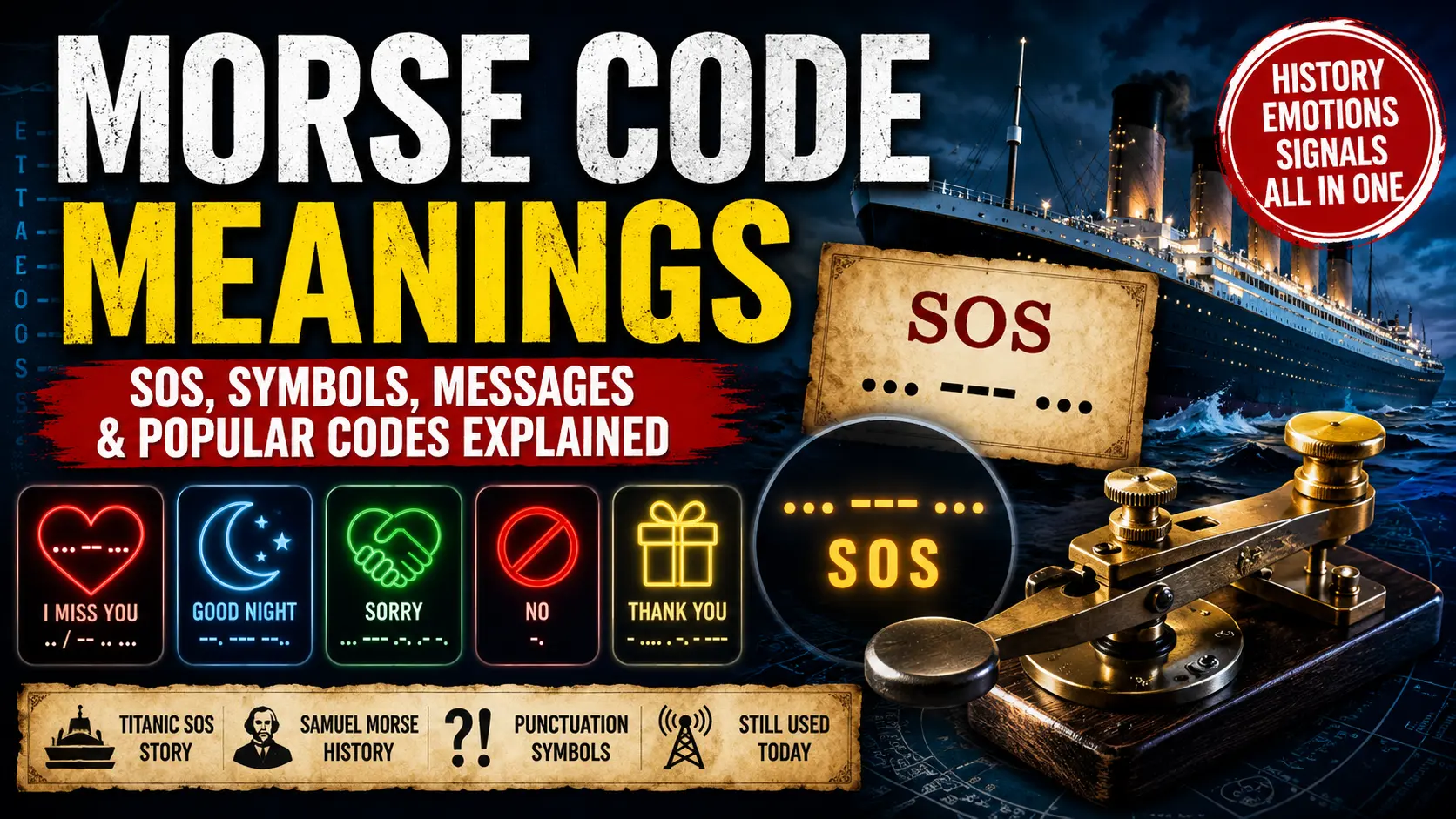 High CTR YouTube style featured image showing Morse code meanings, SOS signal, Titanic Morse code message, and popular emotional Morse code phrases like I miss you, good night, sorry and thank you