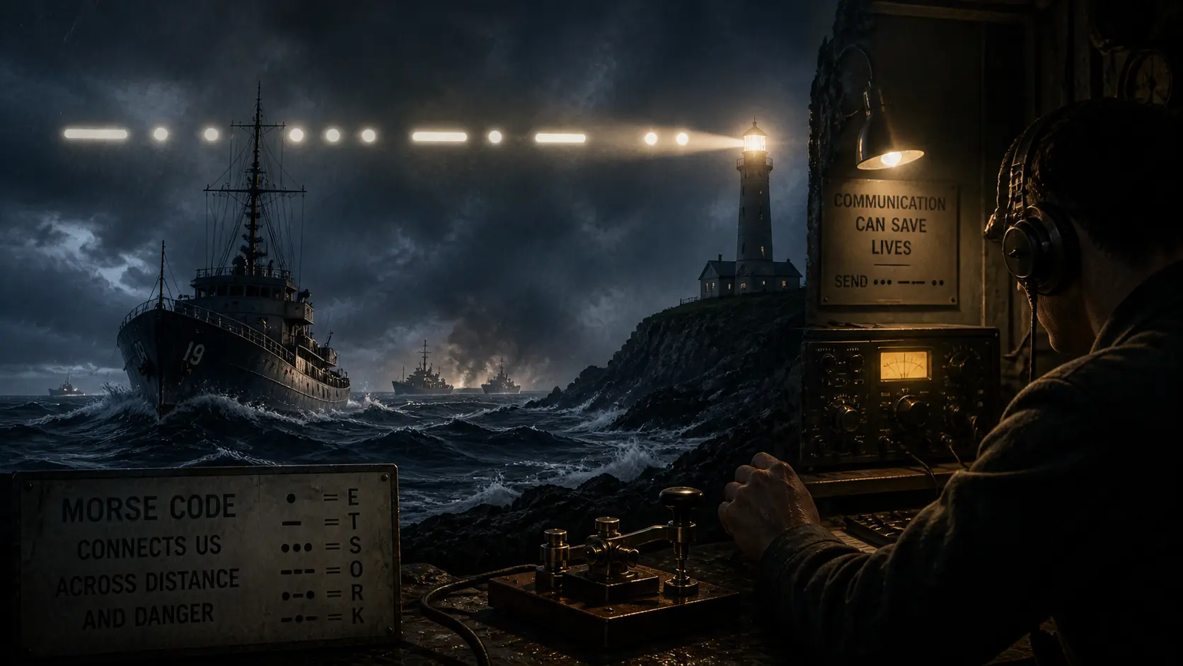 Ship using Morse code signals at sea during night communication in emergency situation