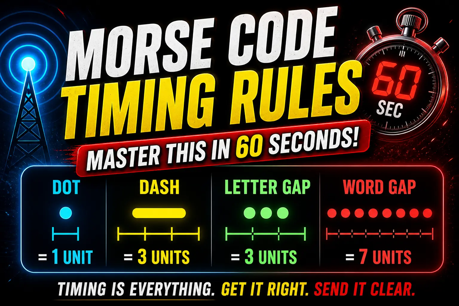 morse code timing system diagram showing dot dash unit structure and spacing rules between letters and words