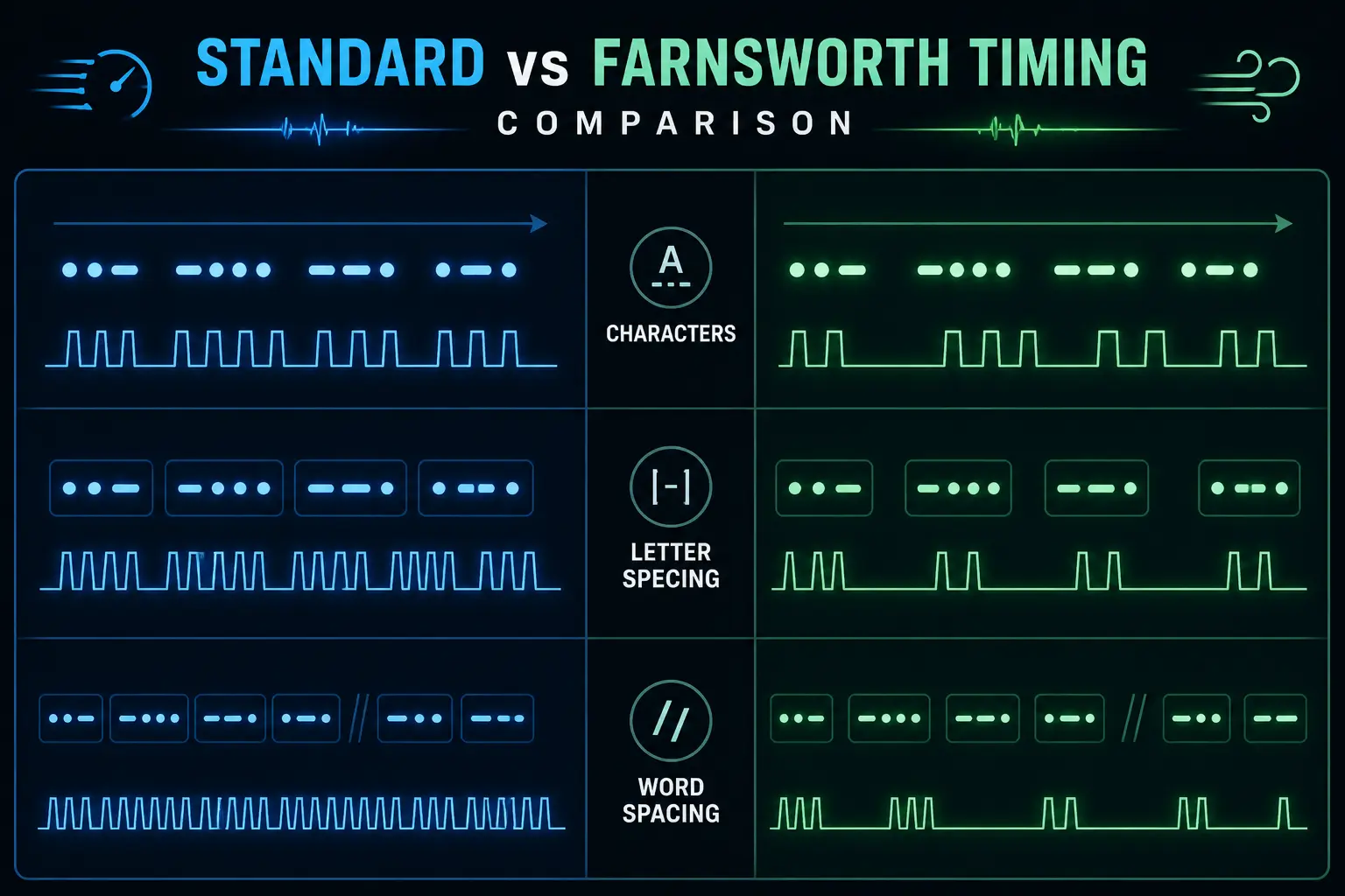 comparison chart showing standard morse code timing versus farnsworth timing with longer spacing between letters and words