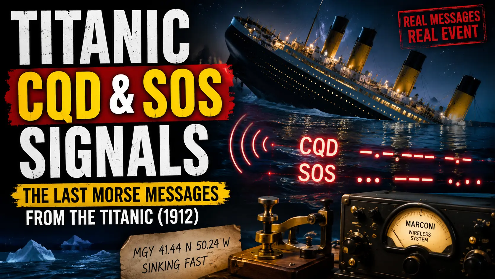 Titanic sinking in the Atlantic Ocean showing Morse code SOS and CQD distress signals being transmitted during the 1912 disaster