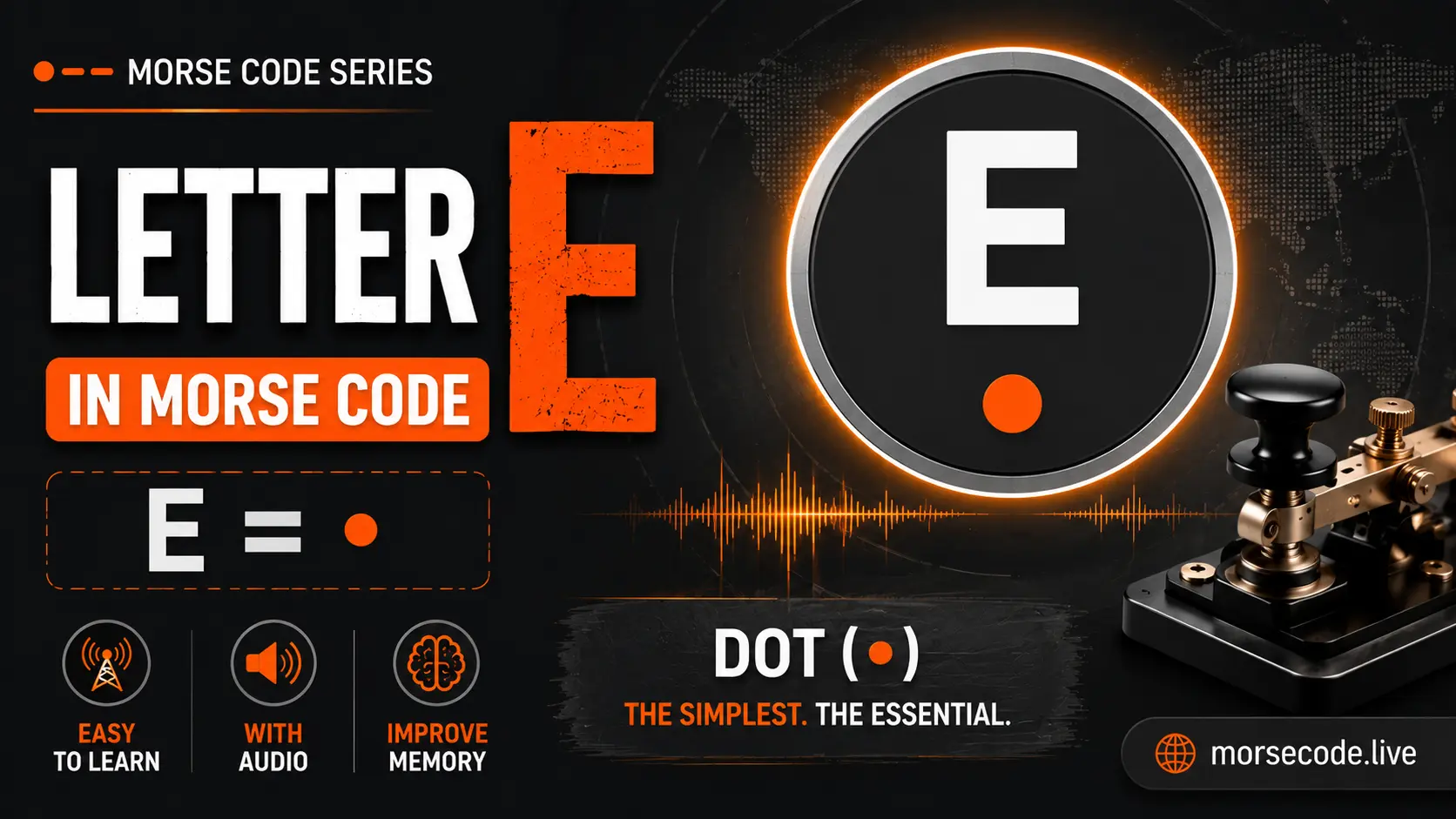 Letter E represented in Morse code with a single dot symbol, designed as a blog featured image for learning Morse code letters.