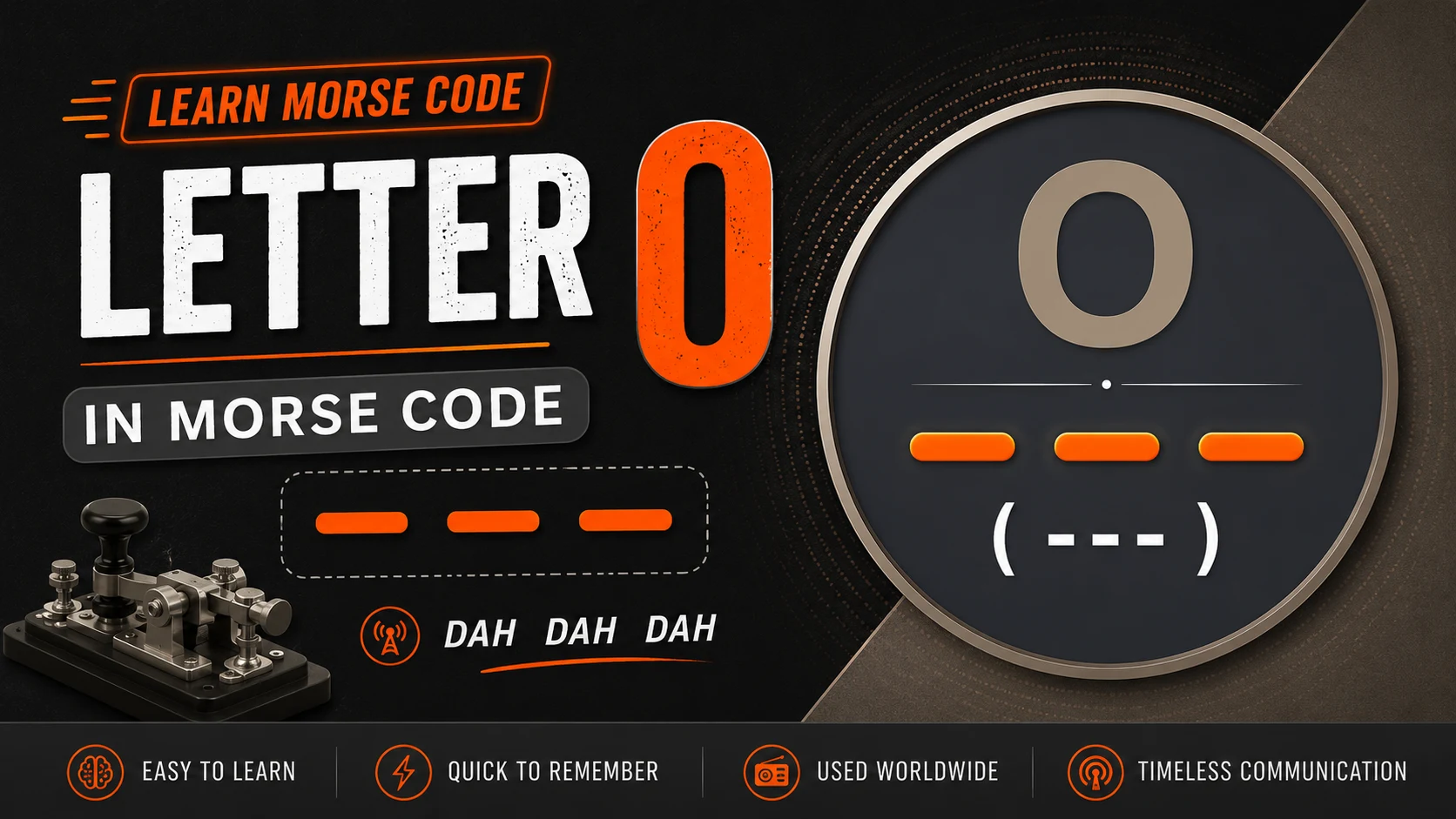 Letter O in Morse code represented by three dashes (---) with a telegraph key and visual learning guide for beginners.