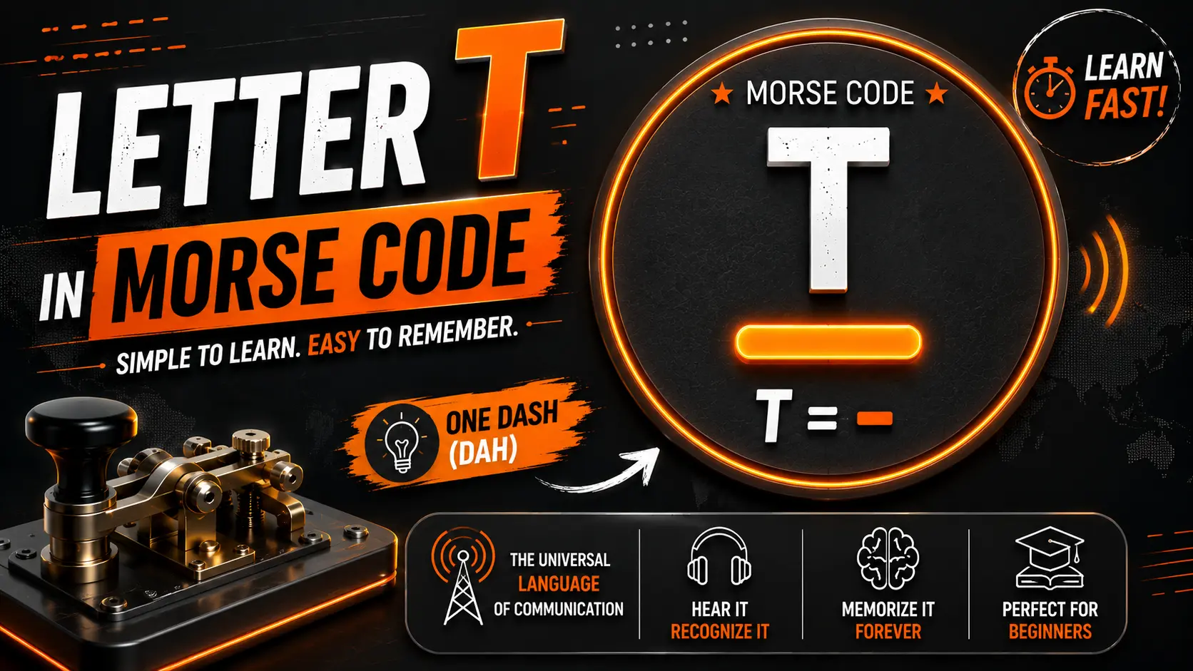 Letter T represented in Morse code with a single dash symbol, designed as a blog featured image.