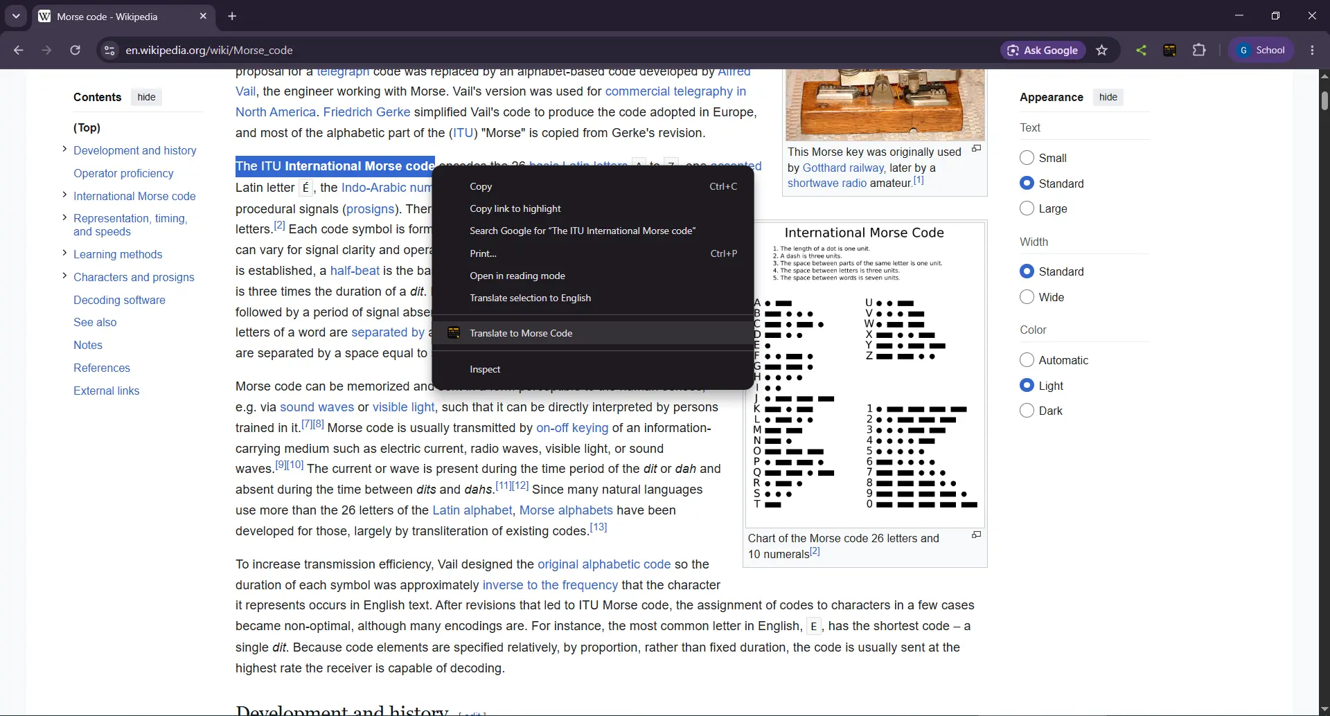 Right-click context menu showing the "Translate to Morse Code" option after selecting text on a webpage