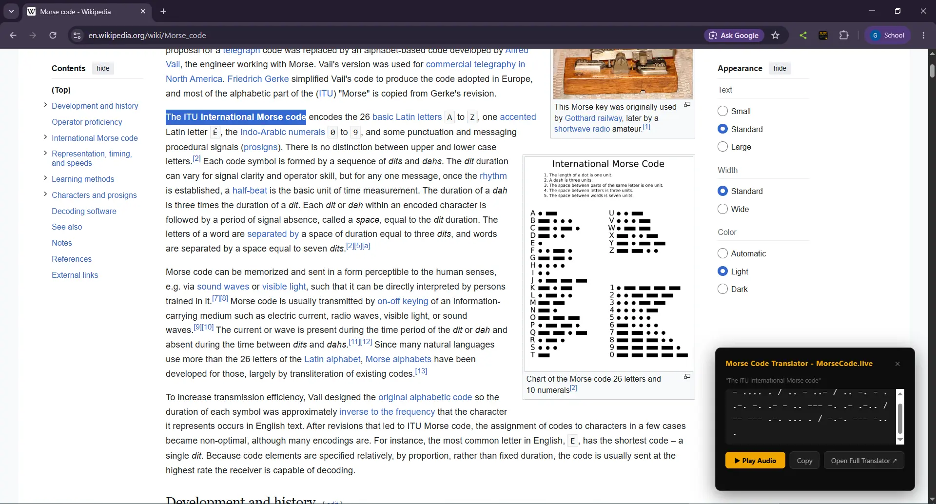 Morse code translation overlay on a webpage showing dots and dashes with play and copy buttons