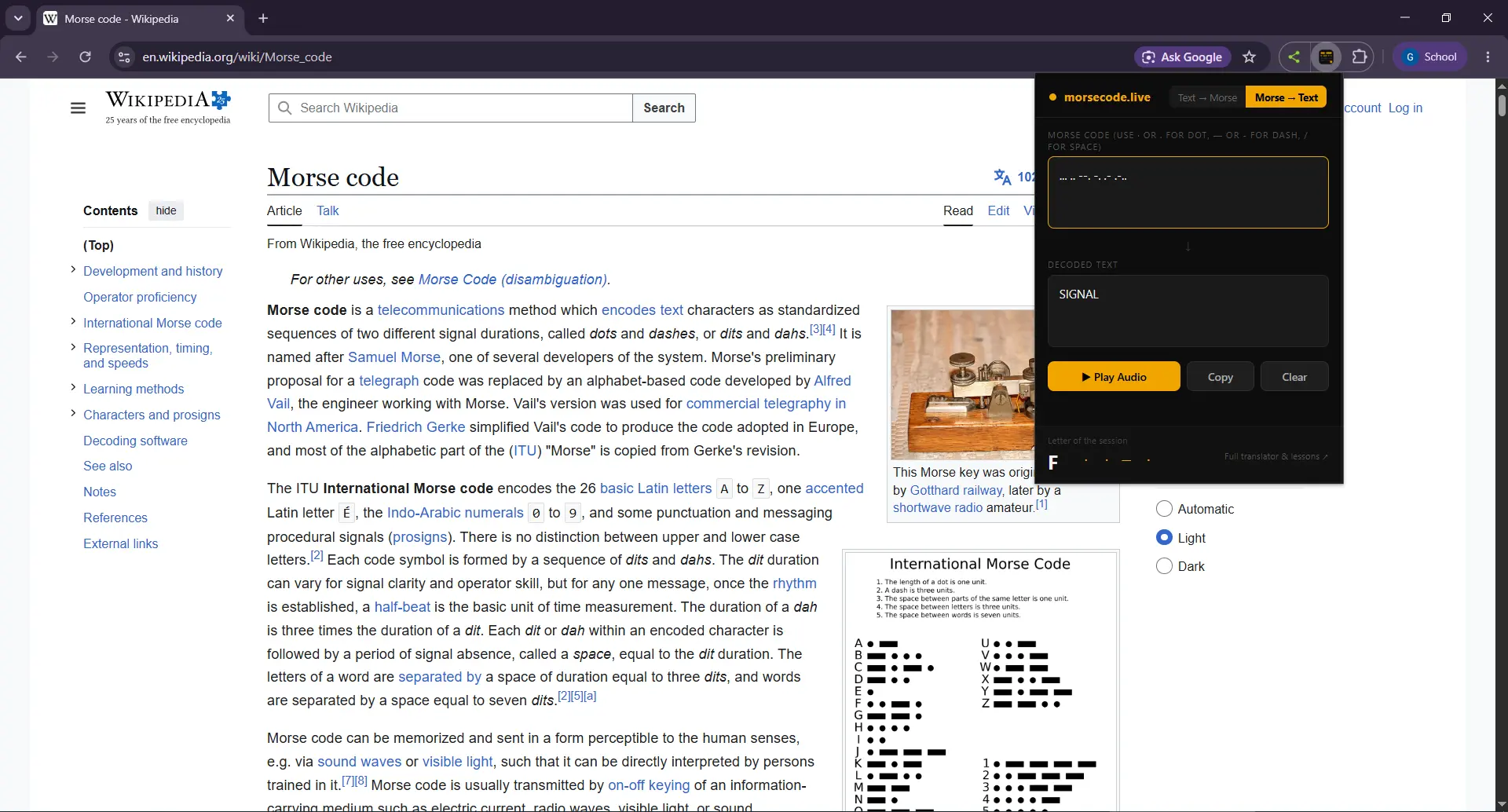 Browser extension popup showing Morse code to text decoding mode