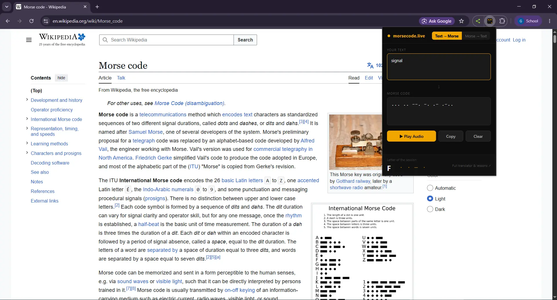 Browser extension popup showing text to Morse code translation mode