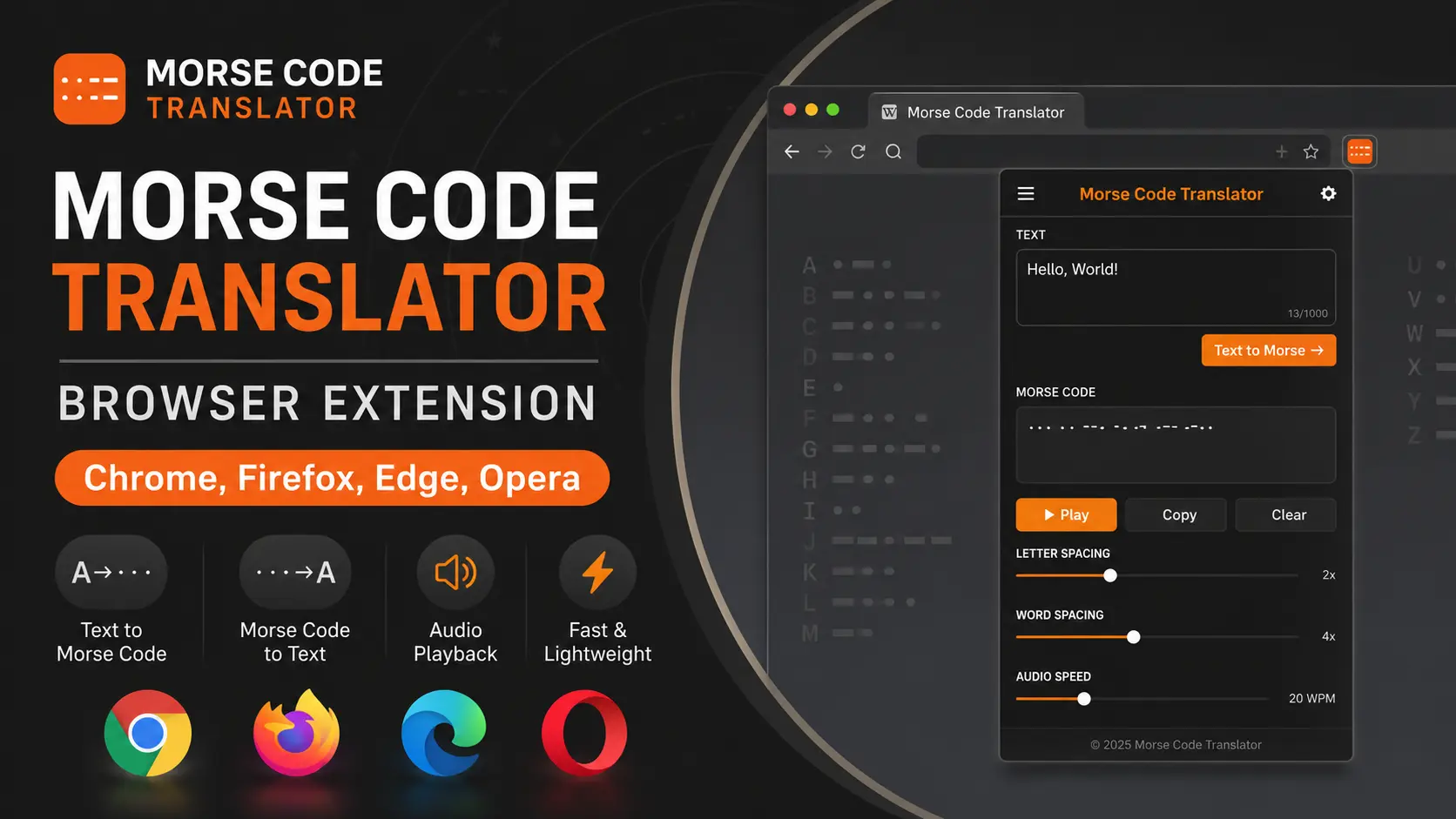 Banner for the Morse Code Translator browser extension showing support for Chrome, Firefox, Microsoft Edge and Opera browsers