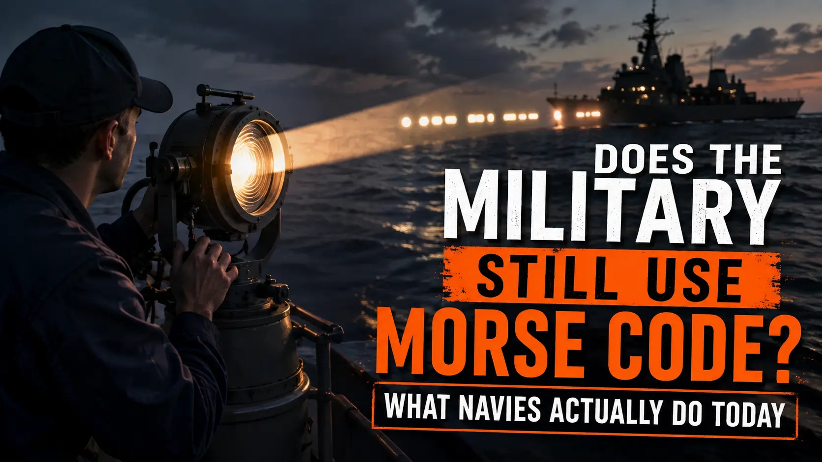 US Navy signal lamp flashing Morse code between ships at sea