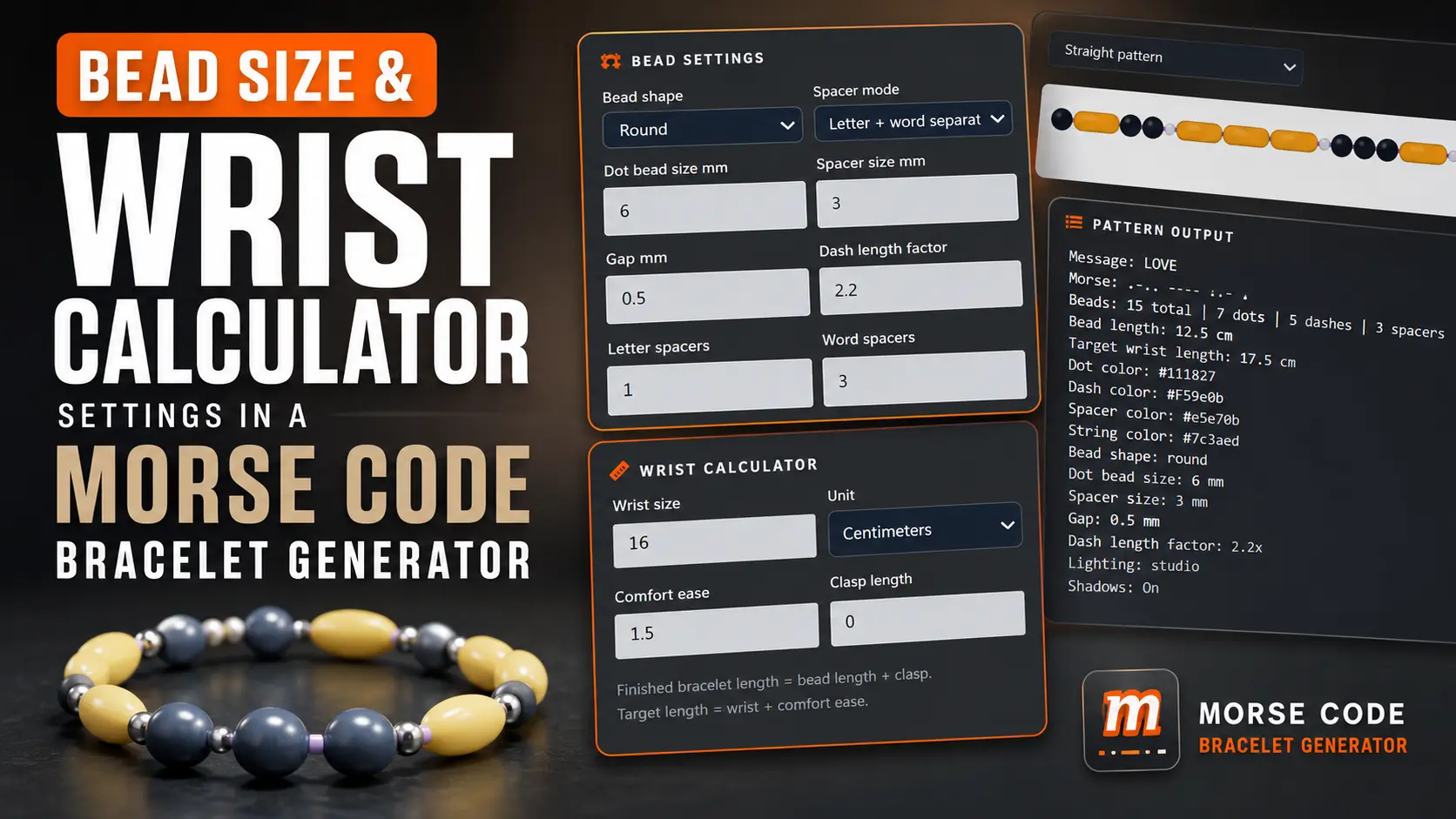 Bead size and wrist calculator settings in a Morse code bracelet generator