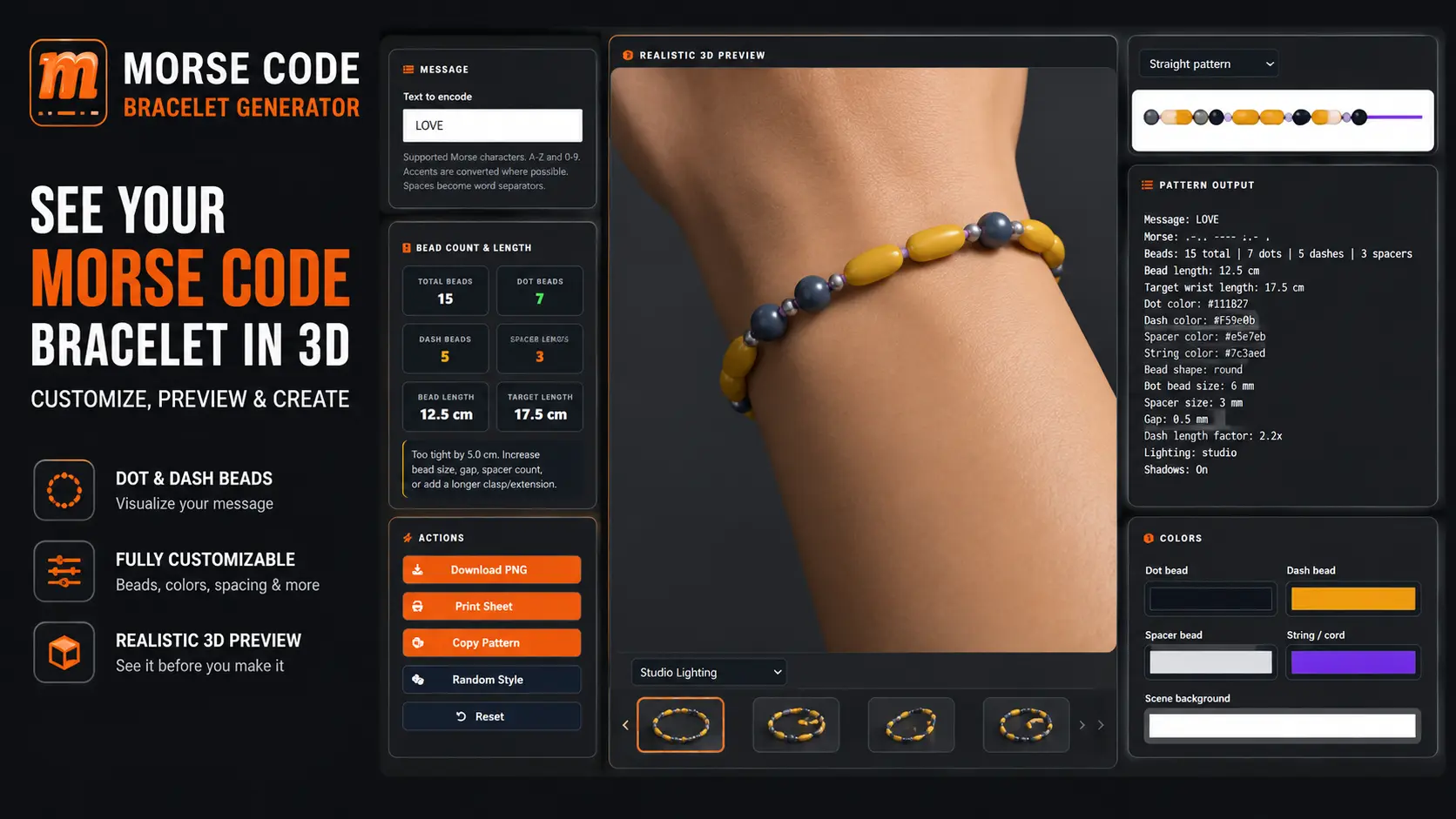 Morse code bracelet generator showing a beaded bracelet in 3D preview with dot and dash beads