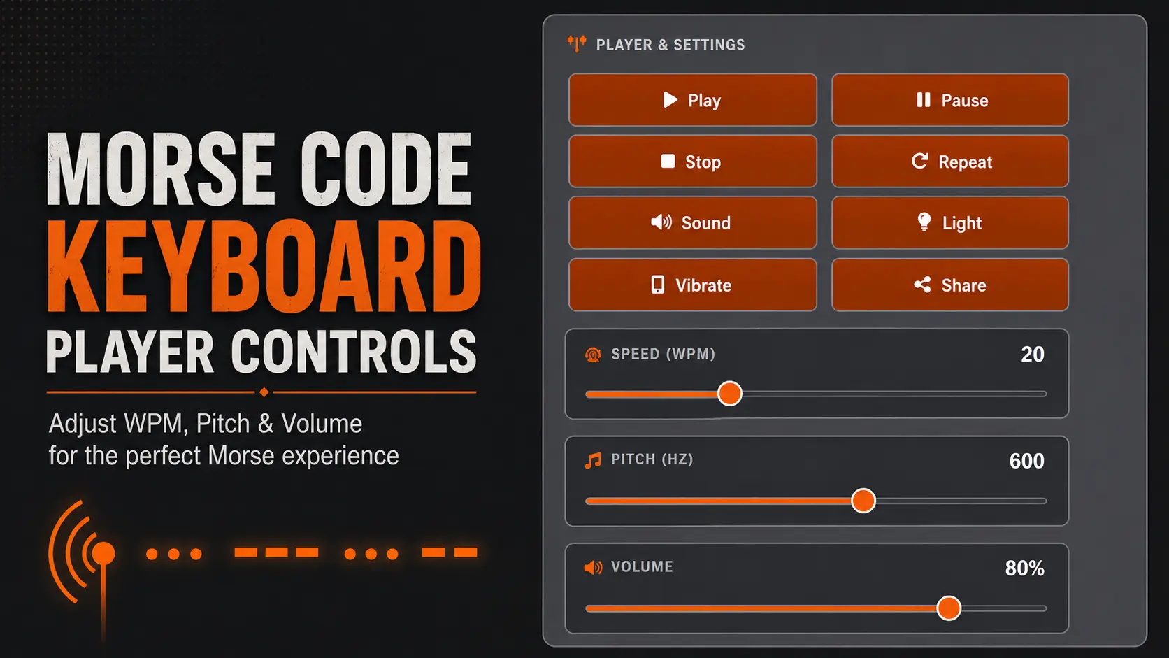 Morse code keyboard player controls showing WPM, pitch and volume sliders