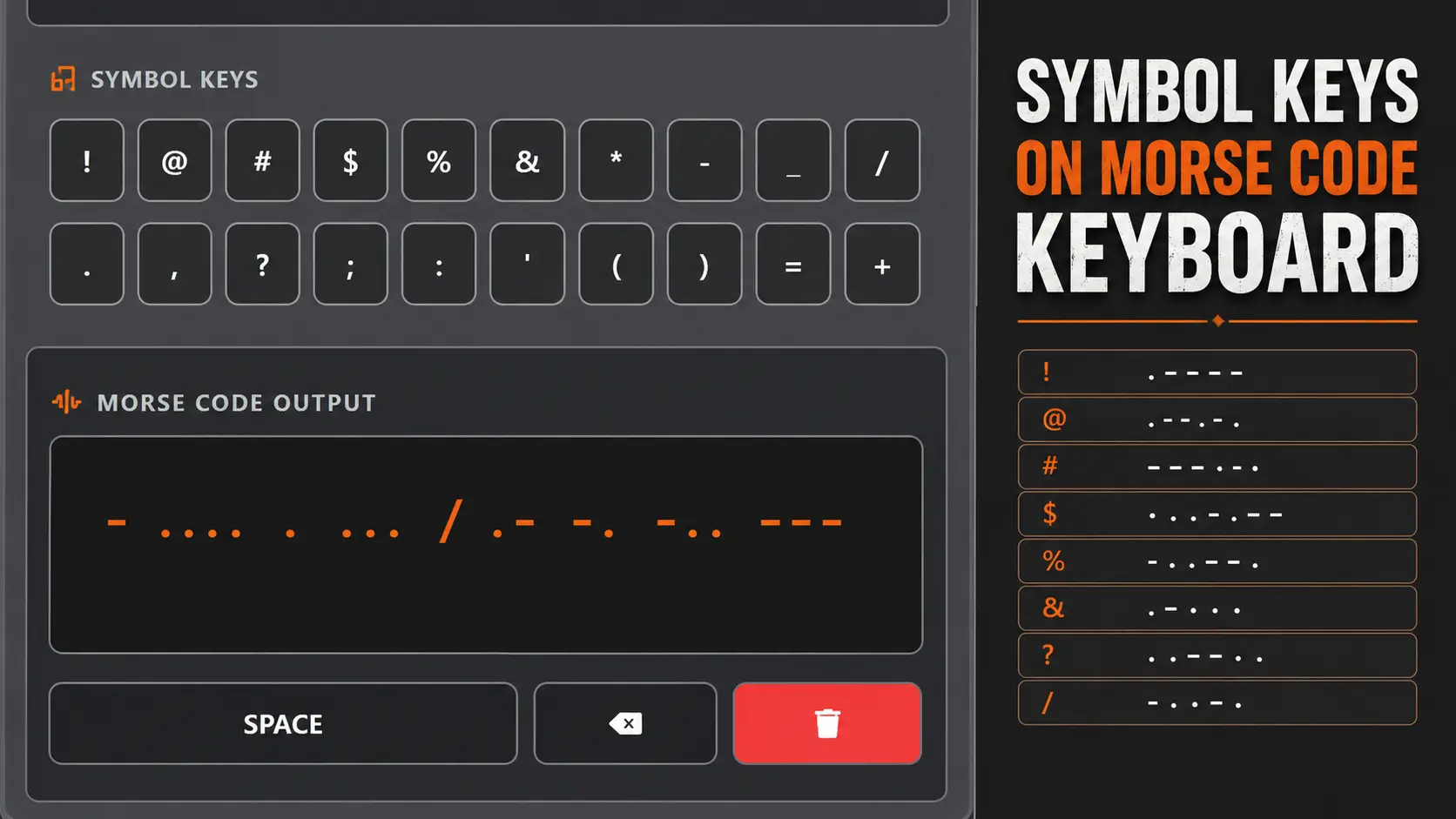 Symbol keys on a Morse code keyboard next to their dot and dash output
