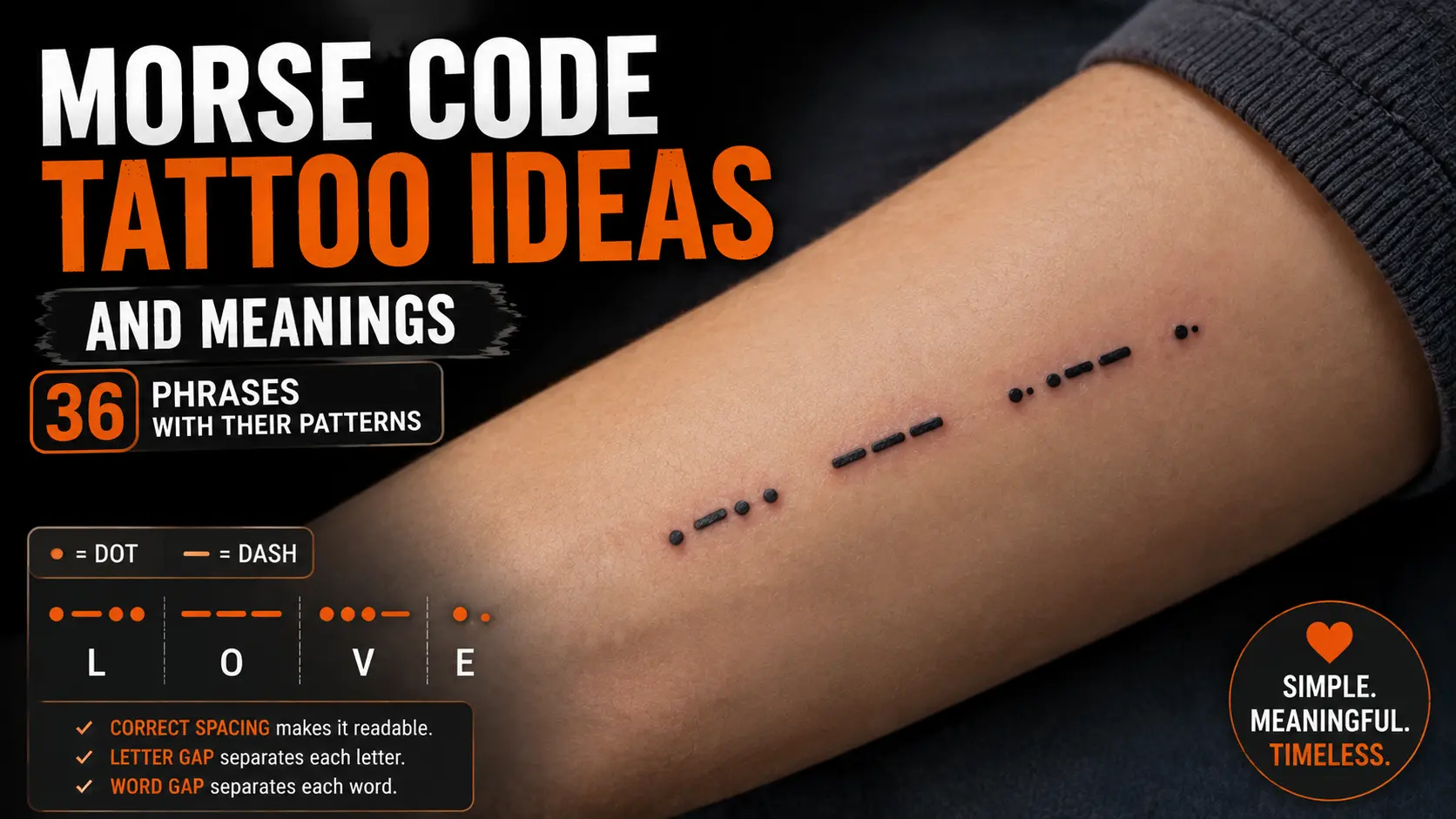 Forearm tattoo showing Morse code dots and dashes spelling the word love