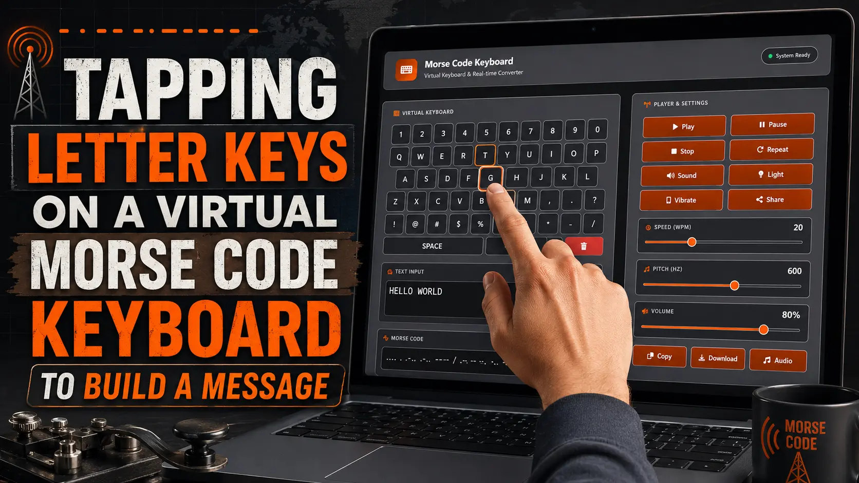 Tapping letter keys on a virtual Morse code keyboard to build a message